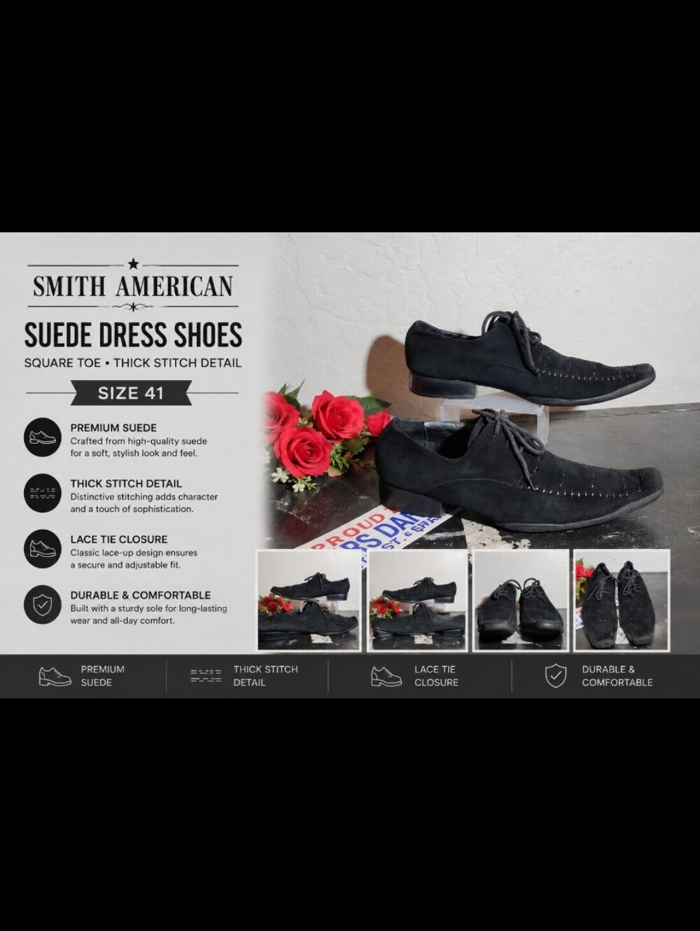 SMITH AMERICAN Suede Square Toe Thick Stich Detail Lace Tie Dress Shoe 41